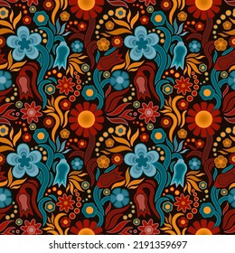 Seamless repeat vector pattern. Groovy, seventies inspired retro flowers with mystical twist.