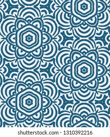 Seamless repeat vector pattern.  Japanese kabuki inspired.  Blue and white.