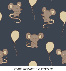 Seamless repeat vector pattern with mouse and balloons on dark blue background. Cute animal wallpaper design for children.
