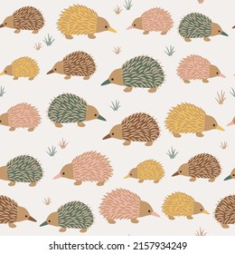 Seamless Repeat Vector Pattern Rainbow Colourful Hedgehog Echidna in Grass