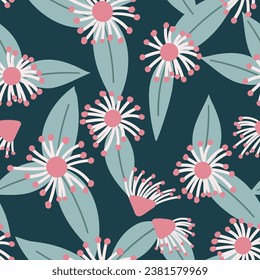 Seamless Repeat Vector Pattern Simple Gum nut Gum flower Eucalyptus Leaf Pattern Dark Background