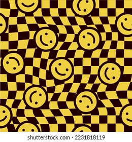 Seamless Repeat Vector Pattern Smile Happy Face Hand Drawn Cool Yellow Checker