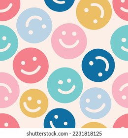 Seamless Repeat Vector Pattern Smile Happy Face Hand Drawn Cool Rainbow Colorful