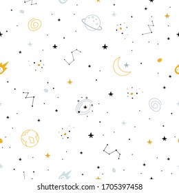 Seamless repeat vector pattern Space background with stars, constellations, and planets Design ideas used for textiles, children's clothing, publications, gift wrap