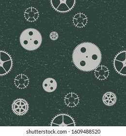 Seamless repeat vector pattern of steampunk gear wheels textured on green background.
