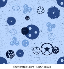 Seamless repeat vector pattern of steampunk gear wheels textured on blue background.