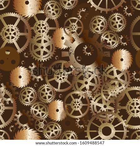 Seamless repeat vector pattern of steampunk gear wheels colored gradient brass on brown rust background.