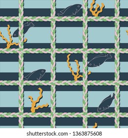 Seamless repeat vector pattern of swimming outlined fish and water plants. Underwater world with a raster of sturdy ropes in a color palette of SS19 for kids, in pink, green, blue. Striped background.