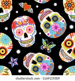 Seamless repeat vector pattern with traditional mexican sugar skulls on black background.