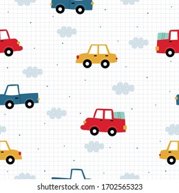 Seamless repeat vector pattern Vintage car background with square grid backdrop Ideal design concept for textiles, children's clothing, publications, wrapping paper