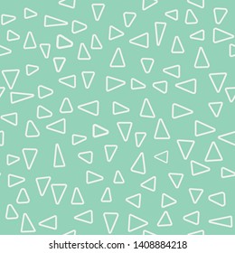 Seamless repeat vector pattern. White, open, outlined triangles in different sizes. Isolated at a soft, mint green background. Sweet, basic print. Multi directional, overall design. Two color, duotone