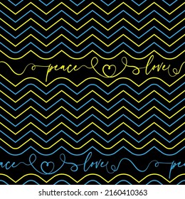 Seamless repeat vector pattern. Zig zag pattern with peace and love doodles in Ukranian colors