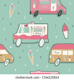 Seamless repeat vector Pink and Green Gold Ice Cream Truck and ice cream cones pattern