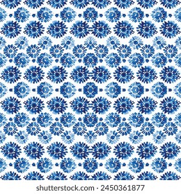 Vector de repetición sin costuras Shibori tinta japonesa tintado teñido de lazo patrón de diamante floral azul índigo