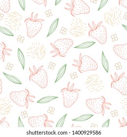 seamless repeat vector, strawberries and leaves on a white background with abstract shapes