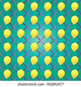 Seamless repeatable abstract geometric grid pattern with yellow lemon fruit, mesh fruity pattern, green background. Vector Ecology concept. Sukkot etrog Jewish Holiday decoration for fabric print card