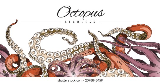 Seamless repeatable background or border with octopus or devilfish long tentacles, colorful vintage engraved hand drawn vector illustration isolated on white background.