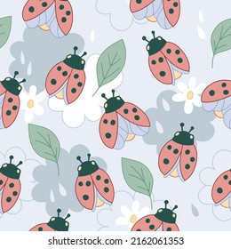 Seamless repeatable childish pattern with ladybug for children clothing and wallpaper, vector illustration. Decorative endless summer background design with ladybird or lady-beetle.