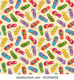 Seamless, or repeatable, easy tilable, repeat pattern of colorful flip-flops scattered over beach sand. You see 4 tiles.
