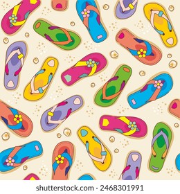 Seamless (repeatable) flip-flops and beach sand pattern or background, wallpaper.
