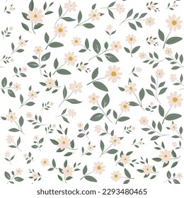 Seamless repeatable floral pattern of pastel scattered flowers on white background.
