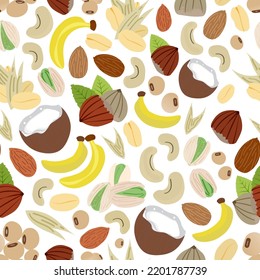 Seamless And Repeatable Healthy Fruits And Nuts Pattern On White Background. Sources Of Plant Milk Pattern. Coconut, Cashew, Hazelnut, Oats, Pistachio, Soy, Almond, Banana. Cute. Vector Illustration.