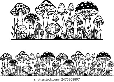 Seamless repeatable mushrooms meadow for bottom border, banner, printing, engraving and design element. Vector illustration .