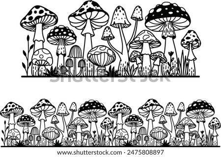 Seamless repeatable mushrooms meadow for bottom border, banner, printing, engraving and design element. Vector illustration .