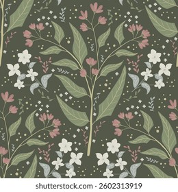 Seamless, repeatable pattern botanical flowers, green and pink, earth colors. Busy, half drop pattern. 
