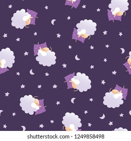 Seamless repeatable pattern with cute cartoon sheep and night sky. Dark purple background with sleeping lambs on pillows, stars and moons. Counting sheep concept
