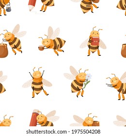 Seamless repeatable pattern with cute honey bees on white background. Endless childish texture with happy funny honeybees. Colored flat vector illustration with baby characters for printing