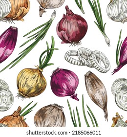 Seamless repeatable pattern design with different types of onions such as bulb, spring onions and leeks hand drawn sketch style vector illustration on white background.