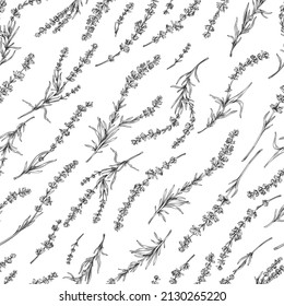 Seamless repeatable pattern design with Lavender flowers hand drawn elements, engraving style vector illustration on white background. Lavender endless ornate motif.