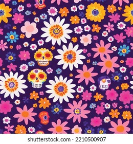 A seamless repeatable pattern of flowers and skulls for Dia de los muertos, Day of the dead. Can be repeated seamlessly.
