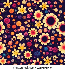 A seamless repeatable pattern of flowers and skulls for Dia de los muertos, Day of the dead. Can be repeated seamlessly.
