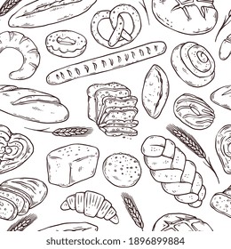 Seamless repeatable pattern with hand drawn bread, doodle style vector illustration isolated on white background. Various kinds of bread and buns endless design.