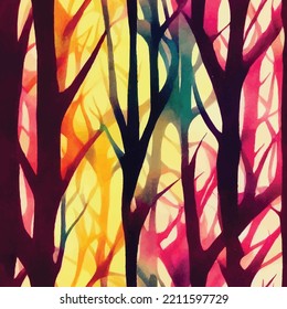 A seamless, repeatable pattern of lines resembling trees in a colourful forest.