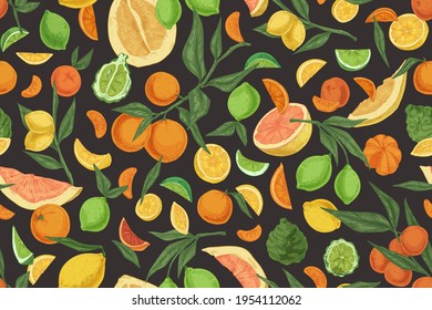 Seamless repeatable pattern with mix of citrus fruits on black background. Endless texture with oranges, lemons, limes, tangerines and bergamot. Hand-drawn colored vector illustration for printing