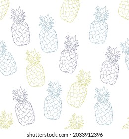 Seamless repeatable pattern with  pineapple fruits outline drawn in color lines. Repeatable endless pattern texture with tropical  fruits, hand drawn  vector illustration on white background.