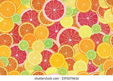 seamless repeatable pattern of sliced citrus - oranges, lemons, limes, grapefruits