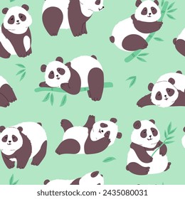 Seamless repeatable pattern texture with lovely cute baby panda characters, flat cartoon vector illustration on green background. Seamless design with pandas.