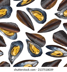 Seamless repeatable pattern texture with mussels in shells, sketch vector illustration. Hand drawn decorative background for mussels and seafood wrapping.