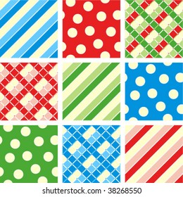 Seamless (repeatable) patterns (prints, backgrounds, wallpapers, swatches) - polka-dot, plaid, stripes