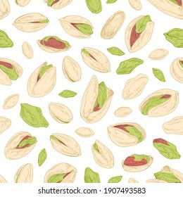 Seamless repeatable pistachio pattern with open nuts and unopened pistaches with shells. Design of endless background. Hand-drawn colored vector illustration for printing