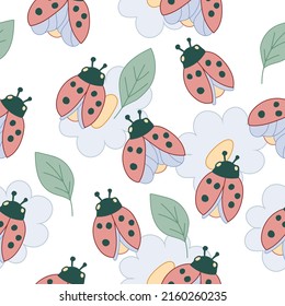 Seamless repeatable summer pattern with ladybug for children textile and nursery wallpaper, vector illustration. Decorative endless background design with ladybird or lady-beetle.