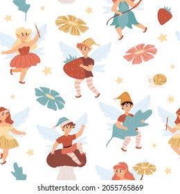 Seamless repeatable textile pattern with fairy childish characters of cute adorable pixies or elves, flat cartoon vector illustration on white background.