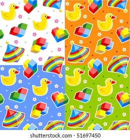 Seamless (repeatable) vector kids toys patterns with rubber ducks, tops and building blocks  ( for high res JPEG or TIFF see image 51759151 )
