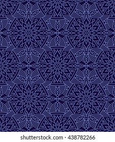 Seamless (repeatable, you see 4 tiles) highly detailed elegant vintage pattern background of dark blue night colors
