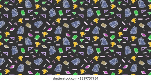 Seamless repeated colored back to school pattern with supplies stationary and creative elements doodle drawing. Colorful fun cute vector illustration line background.