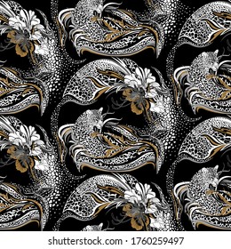 Seamless repeated leopard pattern. Wild leopard, decorated with exotic flowers and leaves. Adorned with wild animal skin textures. Trendy Graphic Design for textile and All surface designs.